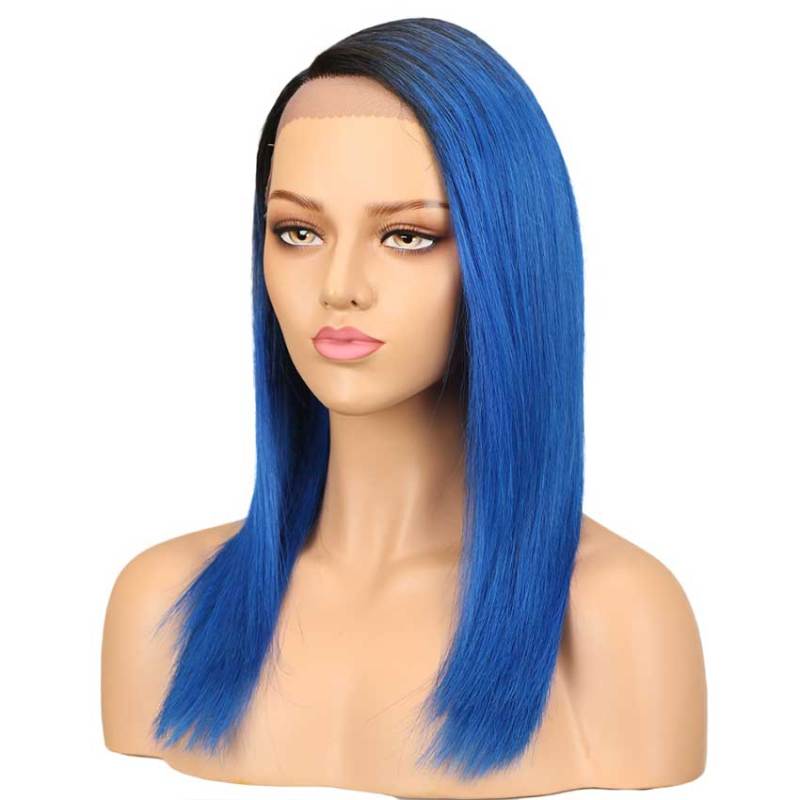 Superbar Ombre Blue Straight Human HairLace Front Wigs For Black Women