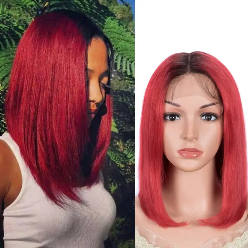 Superbar Red Straight Wig 12 Inch Bob WigsPart Lace Human Hair