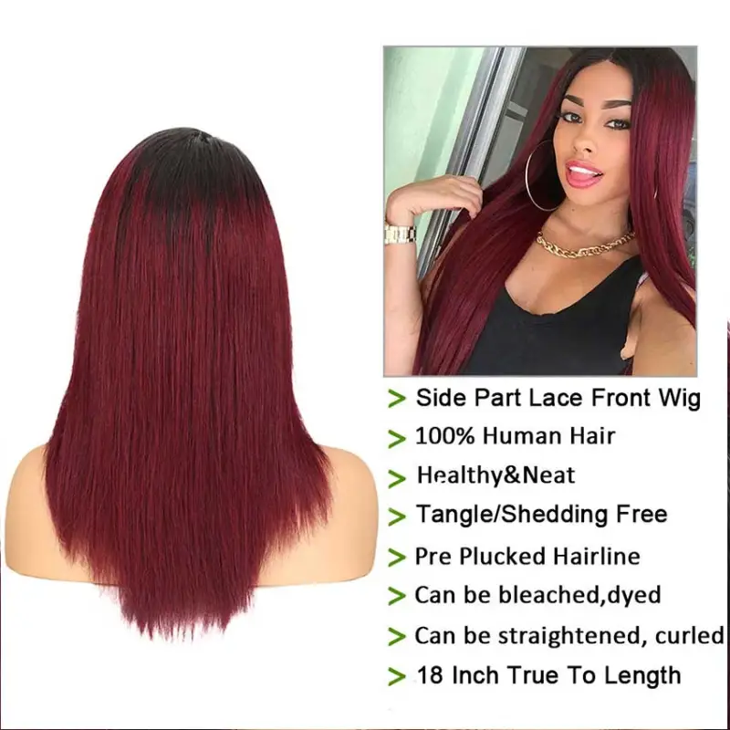 Superbar Straight Lace Wig 18 Inch Side PartHuman Hair TT1B/99J Ombre Wig