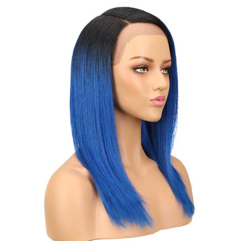 Superbar Ombre Blue Straight Human HairLace Front Wigs For Black Women