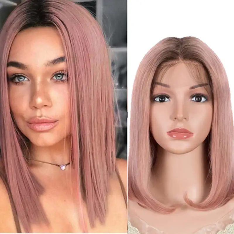 Superbar Straight Part Lace Human Hair PinkBob Wigs With Bady Hair 12inch