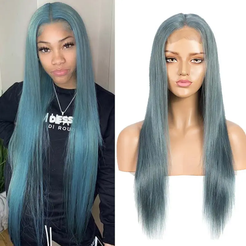 Superbar Highlight Blue 100% Human HairDensity Wigs Straight 4x4 HD Lace Simulated Scalp Wigs 150%