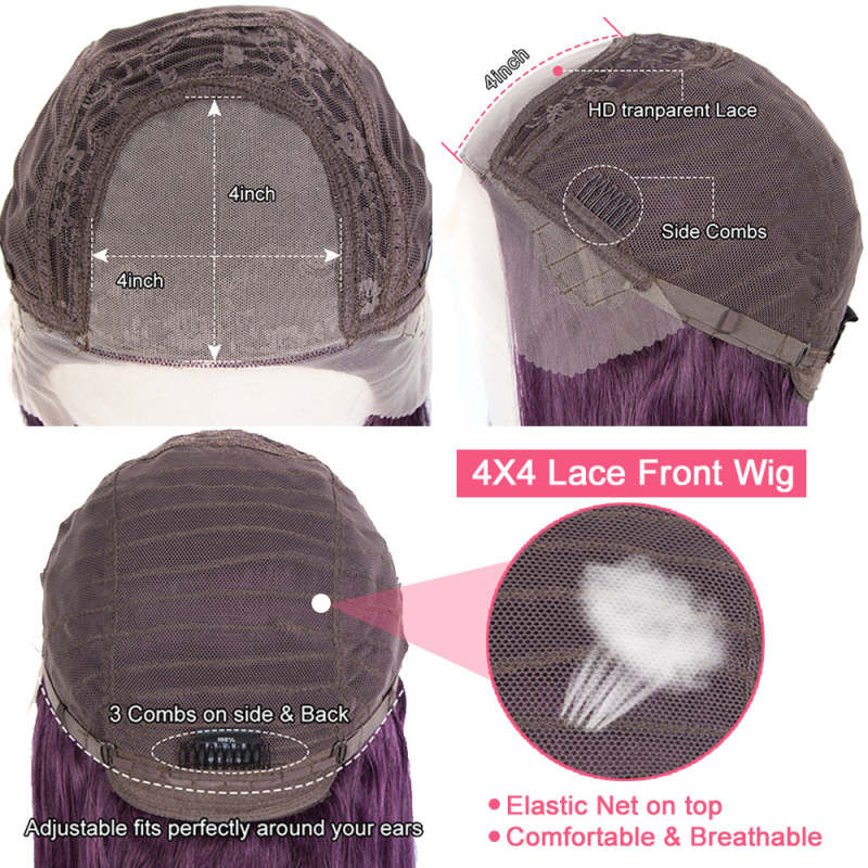 Superbar 4"x4" HD Lace Closure Wigs PurpleColor 100% Hight-qualight Human Hair Wigs 150%Density