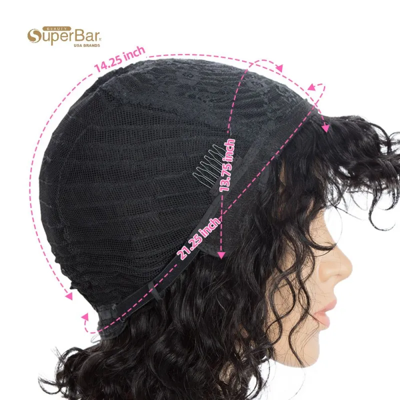 Superbar Short Human Hair Bob Wigs withBangs Curly Wavy Wig for Black Women Natural BlackColor Wigs with Curly Bangs