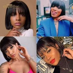 Superbar Short Bob Human Hair Wigs withBangs For Black Women