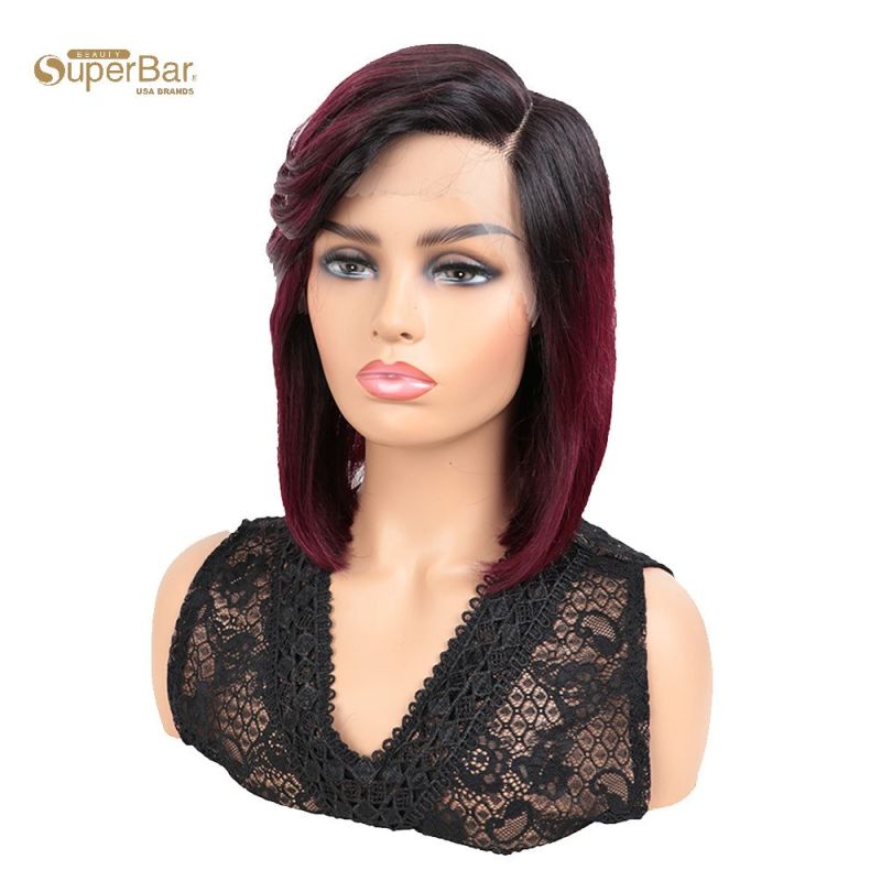 Superbar Human Hair Wigs with High SideBangs 4.5 inch Lace Side Part Wig for Women OmbreWine Red Color Wigs