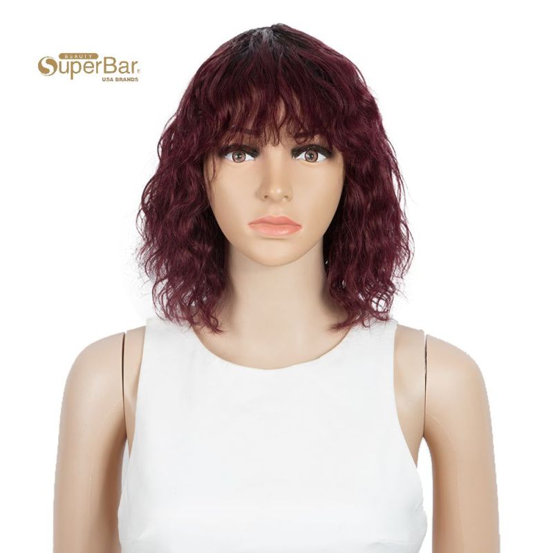 Superbar Short Human Hair Bob Wigs withBangs Curly Wavy Wig for Black Women Ombre ColorWigs with Curly Bangs
