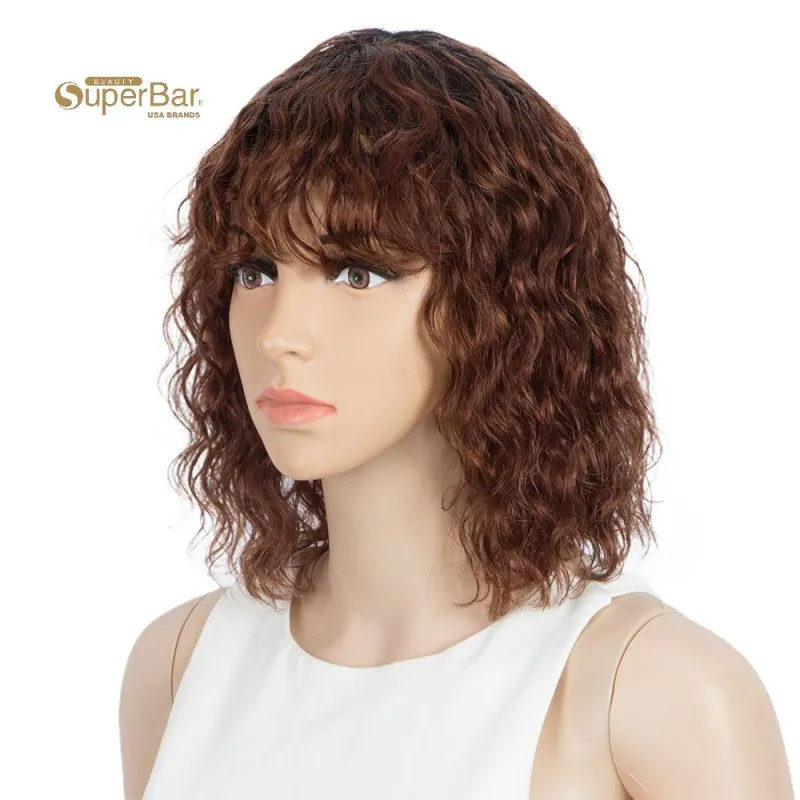 Superbar Short Human Hair Bob Wigs withBangs Curly Wavy Wig for Black Women Ombre ColorWigs with Curly Bangs
