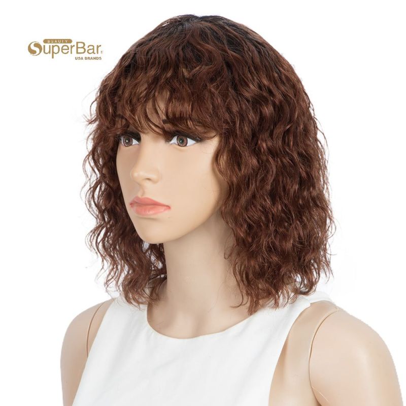 Superbar Short Human Hair Bob Wigs withBangs Curly Wavy Wig for Black Women Ombre ColorWigs with Curly Bangs