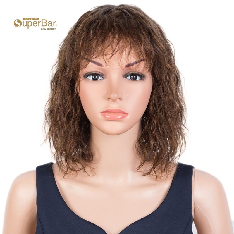 Superbar Short Curly Wavy Human Hair BobWigs with Bangs for Black Women 100% Human HairWigs with Bangs Ombre Brown Color