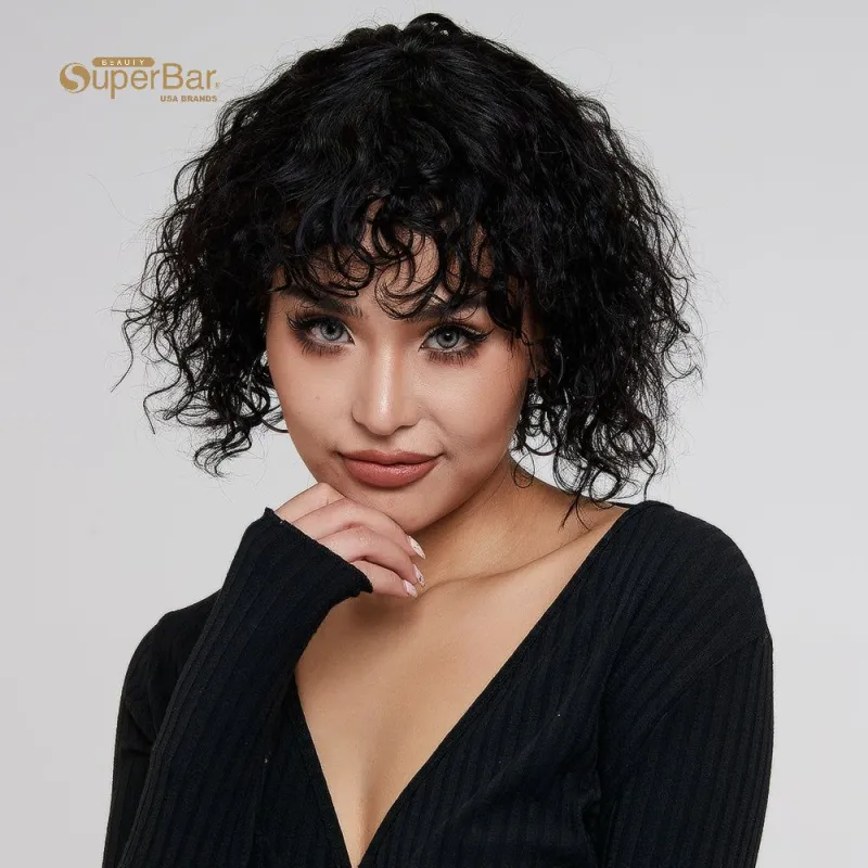 Superbar Short Human Hair Bob Wigs withBangs Curly Wavy Wig for Black Women Natural BlackColor Wigs with Curly Bangs