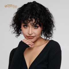 Superbar Short Human Hair Bob Wigs withBangs Curly Wavy Wig for Black Women Natural BlackColor Wigs with Curly Bangs