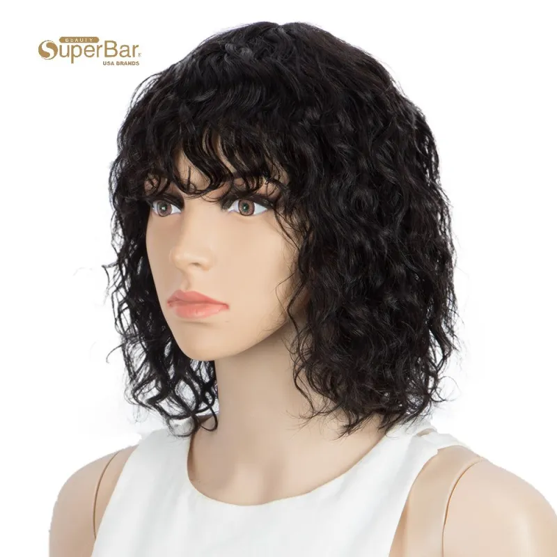 Superbar Short Human Hair Bob Wigs withBangs Curly Wavy Wig for Black Women Natural BlackColor Wigs with Curly Bangs
