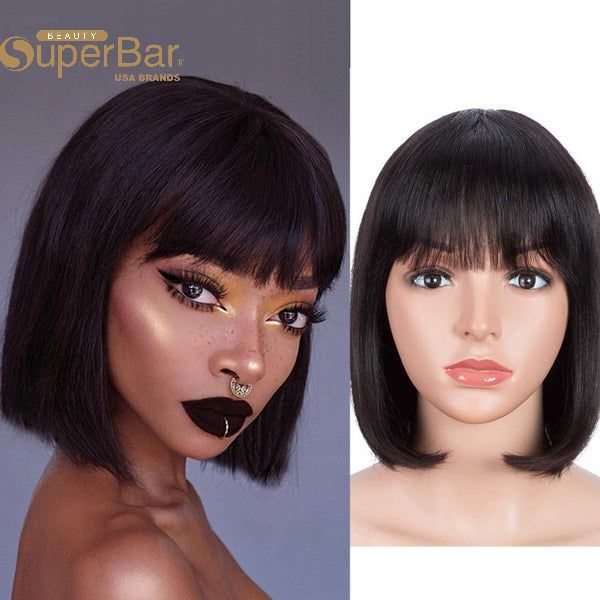Superbar Short Bob Human Hair Wigs withBangs For Black Women