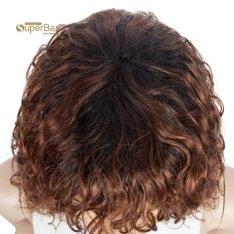 Superbar Short Human Hair Bob Wigs withBangs Curly Wavy Wig for Black Women Ombre ColorWigs with Curly Bangs