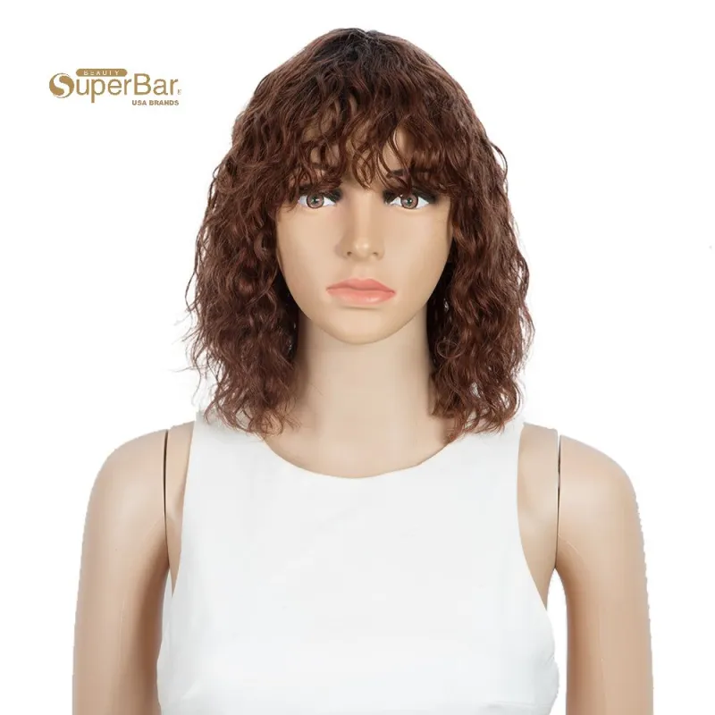 Superbar Short Human Hair Bob Wigs withBangs Curly Wavy Wig for Black Women Ombre ColorWigs with Curly Bangs