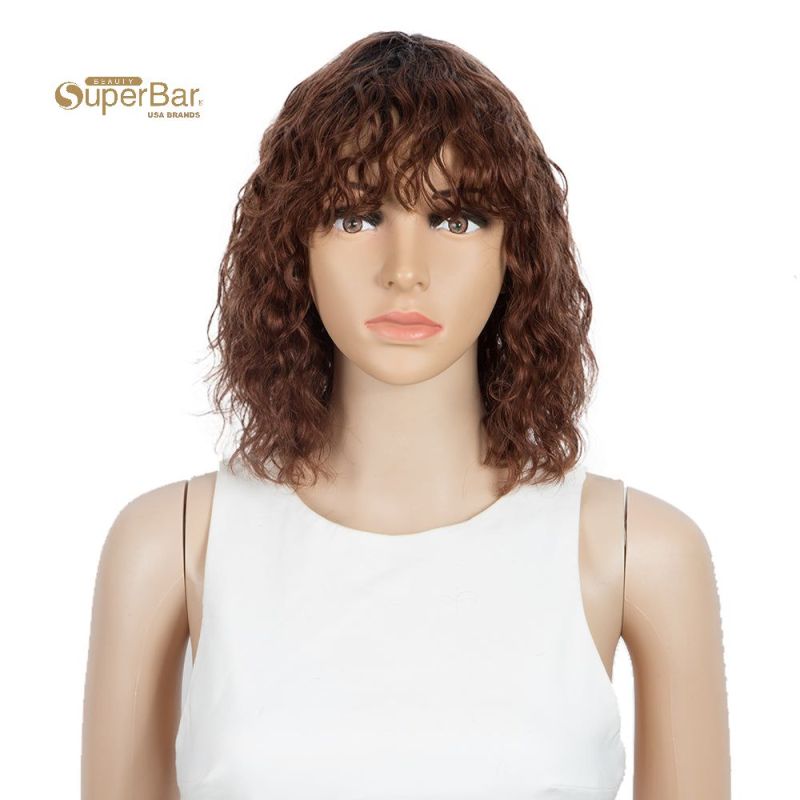 Superbar Short Human Hair Bob Wigs withBangs Curly Wavy Wig for Black Women Ombre ColorWigs with Curly Bangs