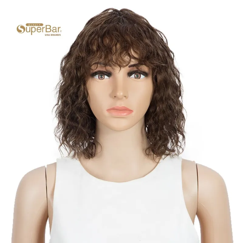 Superbar Short Human Hair Bob Wigs withBangs Curly Wavy Wig for Black Women Ombre ColorWigs with Curly Bangs