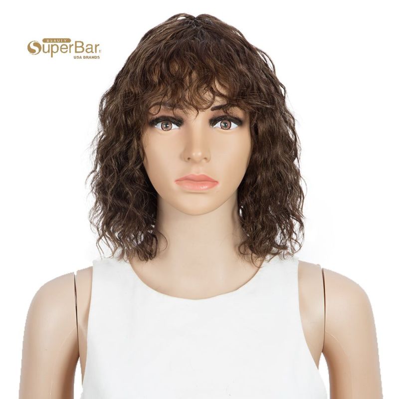 Superbar Short Human Hair Bob Wigs withBangs Curly Wavy Wig for Black Women Ombre ColorWigs with Curly Bangs