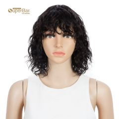 Superbar Short Human Hair Bob Wigs withBangs Curly Wavy Wig for Black Women Natural BlackColor Wigs with Curly Bangs