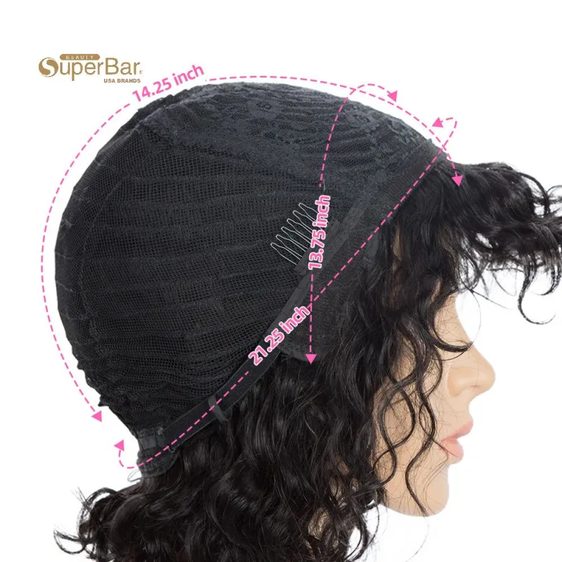 Superbar Short Human Hair Bob Wigs withBangs Curly Wavy Wig for Black Women Ombre ColorWigs with Curly Bangs