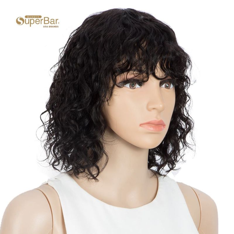 Superbar Short Human Hair Bob Wigs withBangs Curly Wavy Wig for Black Women Natural BlackColor Wigs with Curly Bangs
