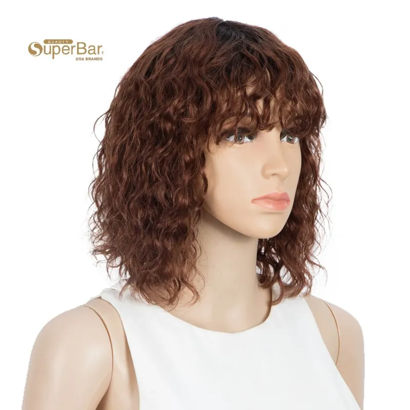 Superbar Short Human Hair Bob Wigs withBangs Curly Wavy Wig for Black Women Ombre ColorWigs with Curly Bangs