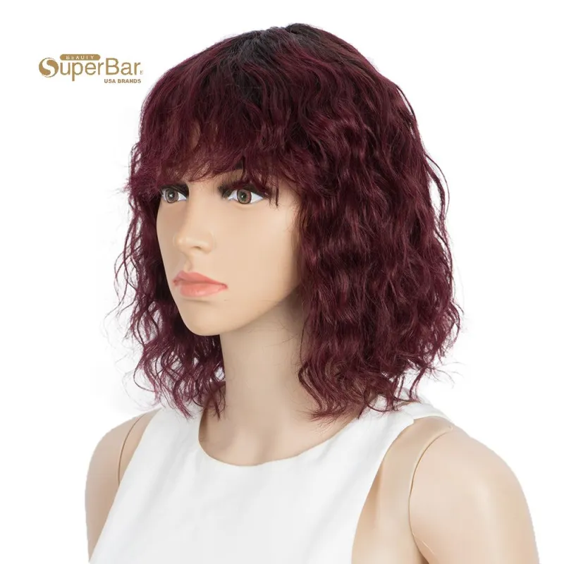 Superbar Short Human Hair Bob Wigs withBangs Curly Wavy Wig for Black Women Ombre ColorWigs with Curly Bangs