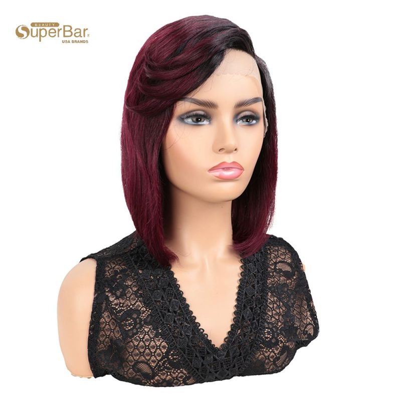 Superbar Human Hair Wigs with High SideBangs 4.5 inch Lace Side Part Wig for Women OmbreWine Red Color Wigs