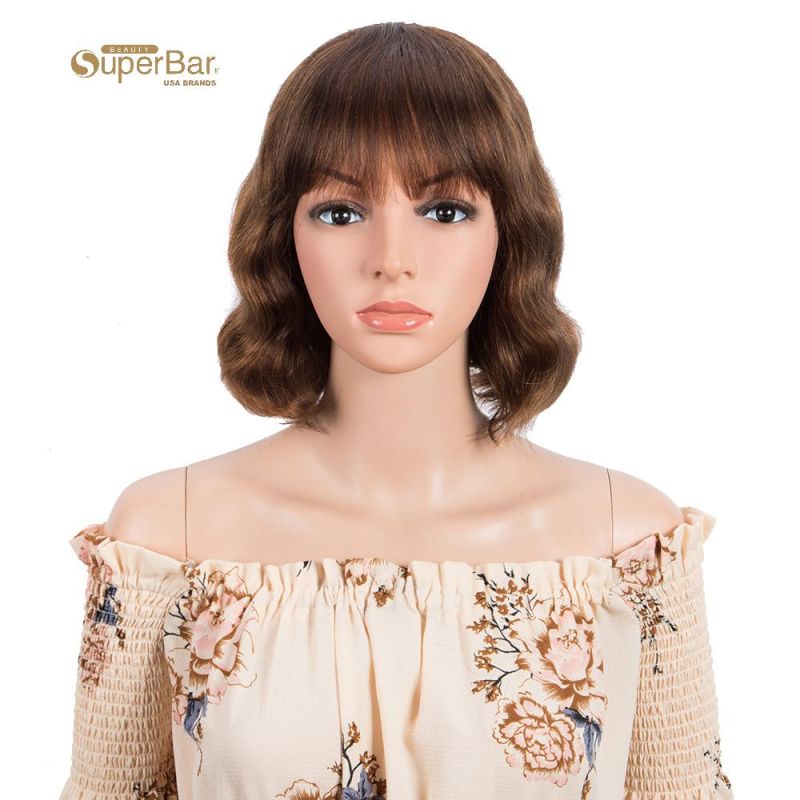 Superbar Short Body Wavy Human Hair WigsWith Bangs for Black Women Wavy Bob Wig MediumBrown Color