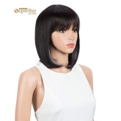 Superbar Short Human Hair Bob Wigs WithBangs Black With Purplr Color Dying Hair Behind EarWigs 10 inch