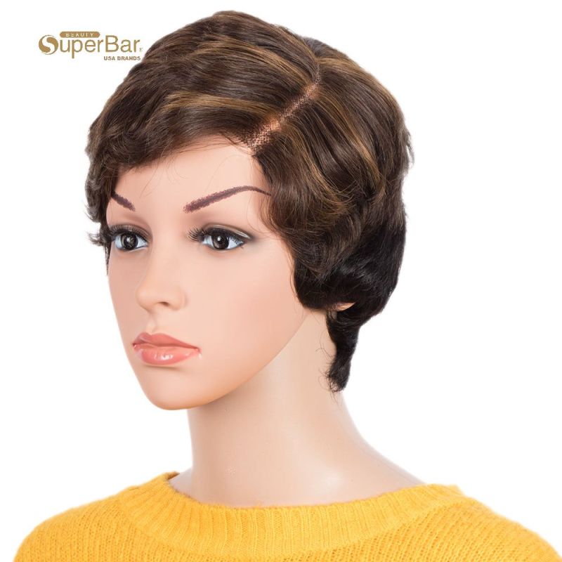 Superbar Human Hair Pixie Cut Wigs 6 inchSide Lace Part Wigs Pixie Bob Wig for Black WomenOmbre Brown Color
