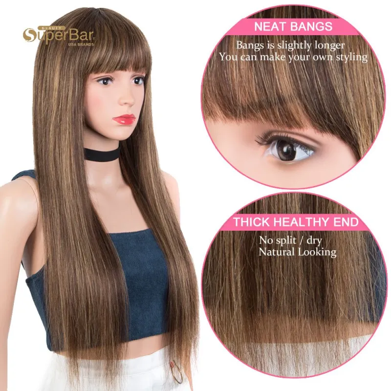 Superbar Ombre Brown Color Straight HumanHair Wigs With Bangs For Women Full Machine MadeHuman Hair Wigs