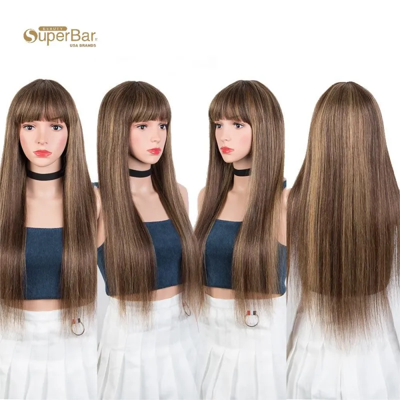 Superbar Ombre Brown Color Straight HumanHair Wigs With Bangs For Women Full Machine MadeHuman Hair Wigs