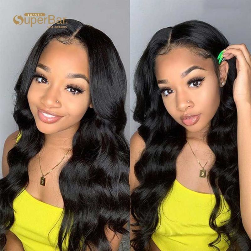 Superbar 13x4 Lace Front Wigs Human HairLoose Body Wave Wigs 150% Density Natural BlackColor