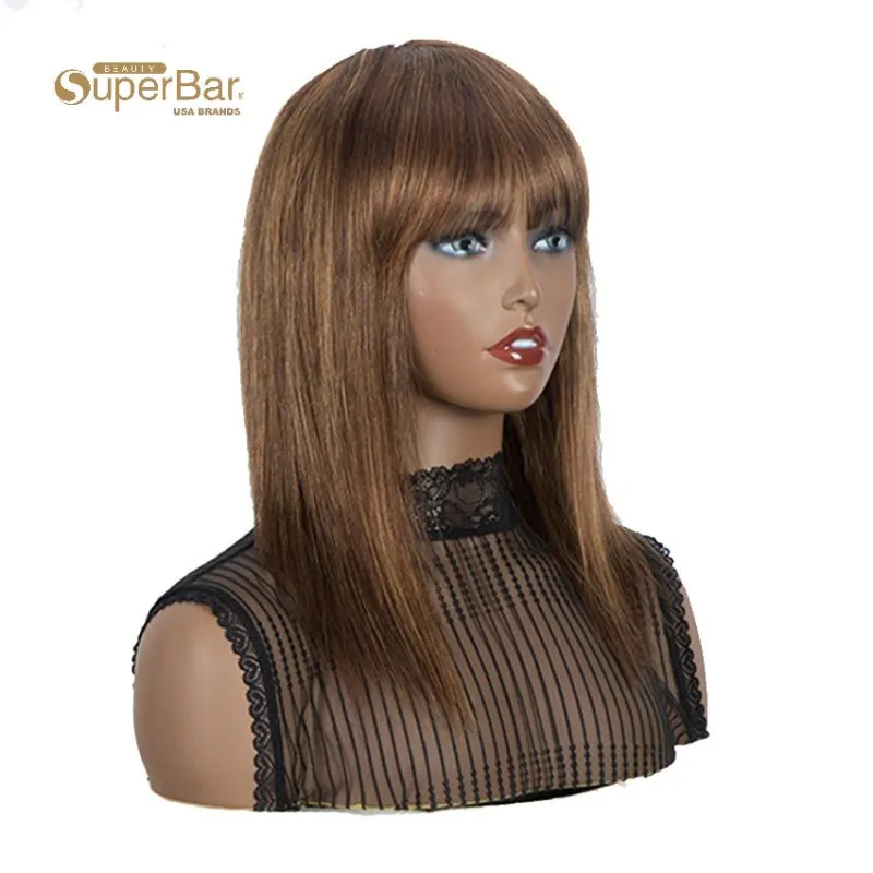 Superbar Wig With Bangs Human Hair BrownColor Wigs Straight Hair Basic Cap Wig