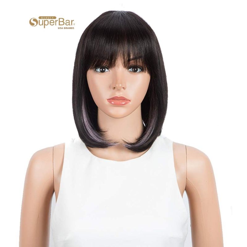 Superbar Short Human Hair Bob Wigs WithBangs Black With Purplr Color Dying Hair Behind EarWigs 10 inch