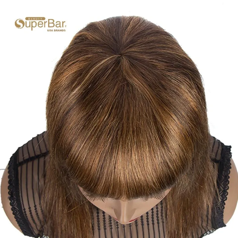 Superbar Wig With Bangs Human Hair BrownColor Wigs Straight Hair Basic Cap Wig