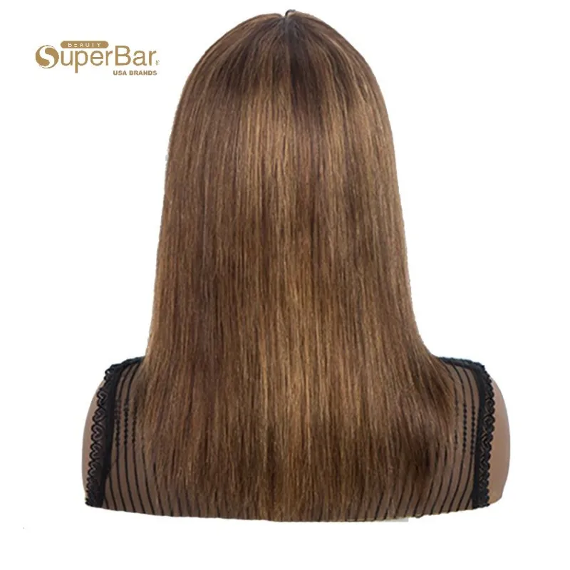 Superbar Wig With Bangs Human Hair BrownColor Wigs Straight Hair Basic Cap Wig