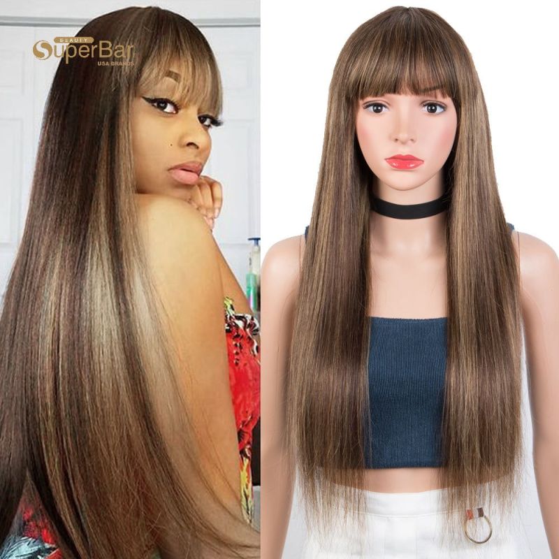 Superbar Ombre Brown Color Straight HumanHair Wigs With Bangs For Women Full Machine MadeHuman Hair Wigs