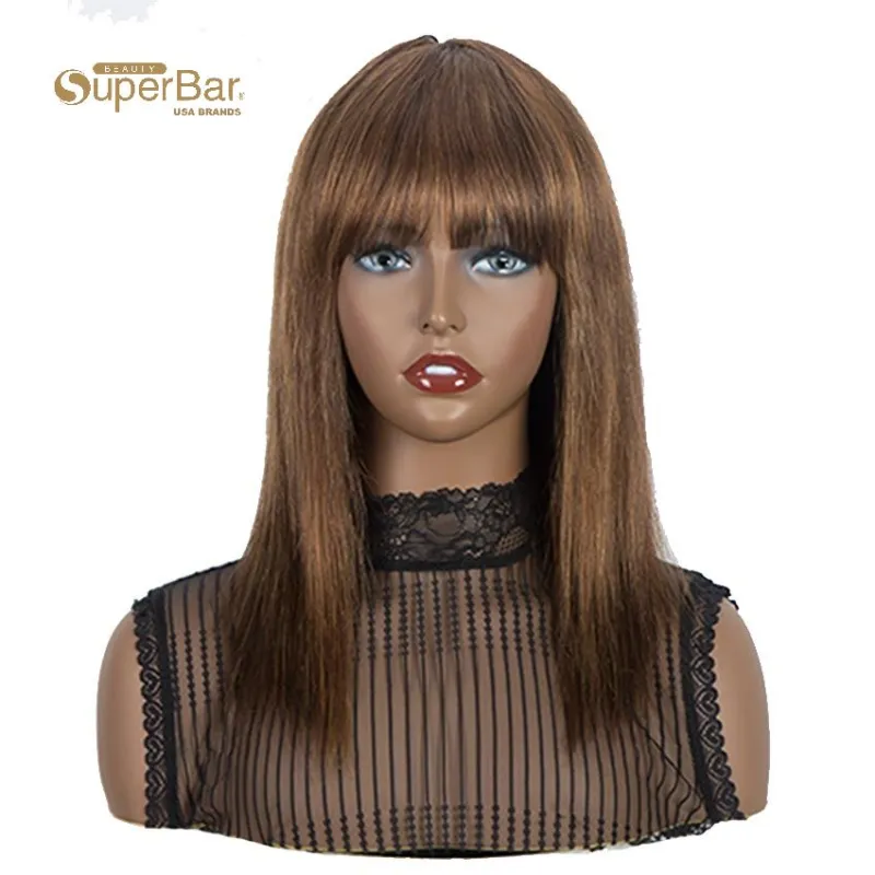 Superbar Wig With Bangs Human Hair BrownColor Wigs Straight Hair Basic Cap Wig