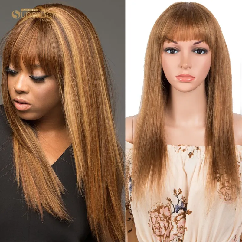 Superbar Ombre Color Straight Human HairWig With Bangs For Women Full Machine Made WigsHuman Hair