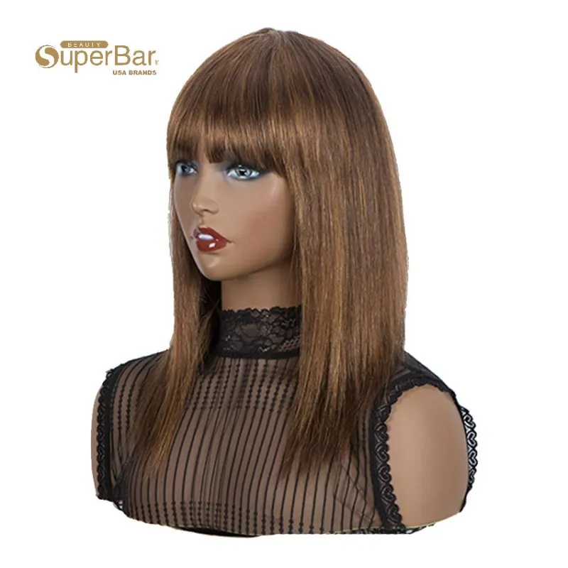 Superbar Wig With Bangs Human Hair BrownColor Wigs Straight Hair Basic Cap Wig