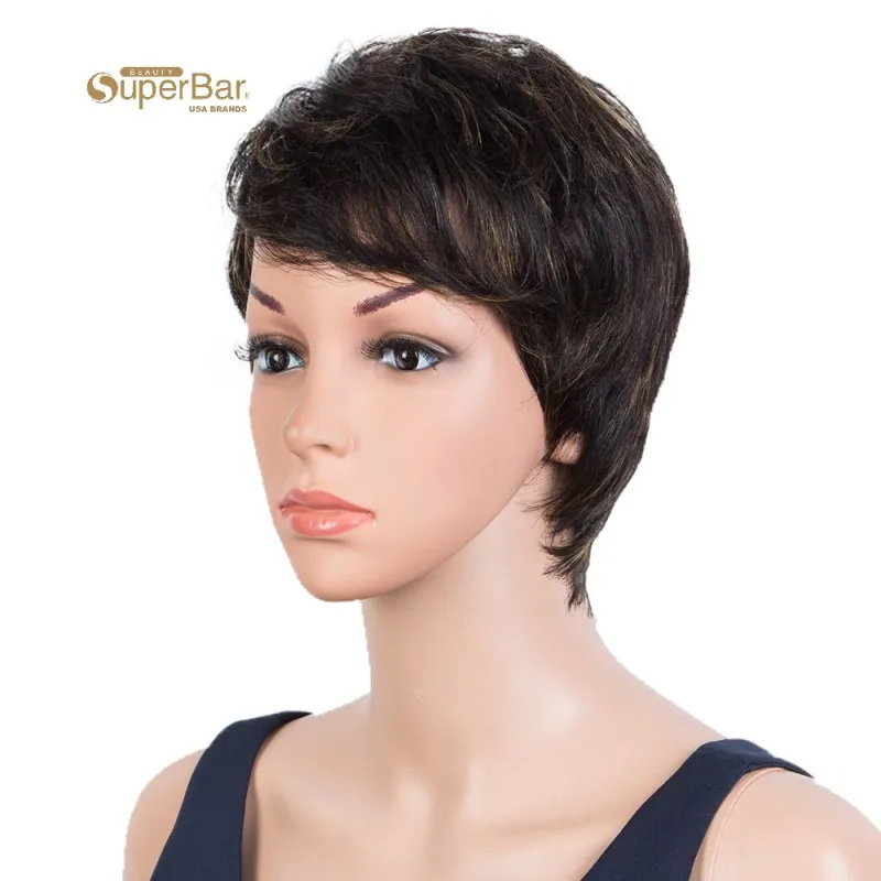 Superbar Human Hair Wigs 9 Inch Short CurlyPixie Wig With Bangs
