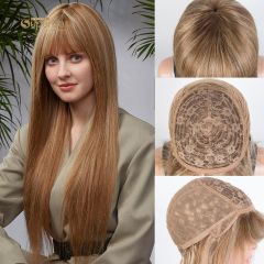 Superbar Ombre Brown Blonde Color StraightHuman Hair Wigs With Bangs For Women 150% Density