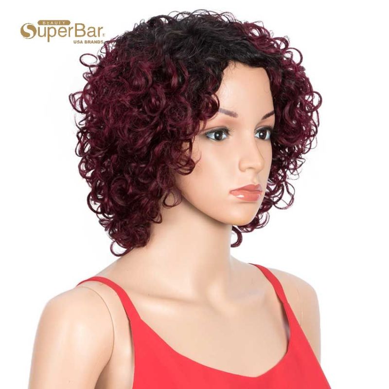 Superbar Short Bouncy Curly Wigs Human Hairfor Women Cute Human Hair Bob Wigs Ombre Burgunry blonde Wigs