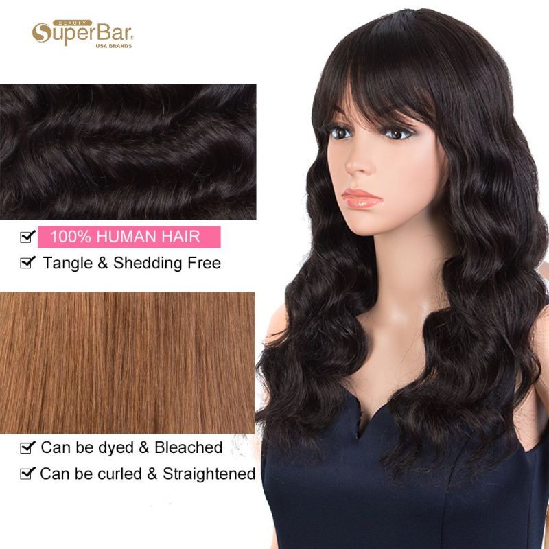 Superbar Body Wave Human Hair Wigs with Bangs 100% High-quality Human Hair Wig with Bangsfor Black Women 130% Density Natural Black color