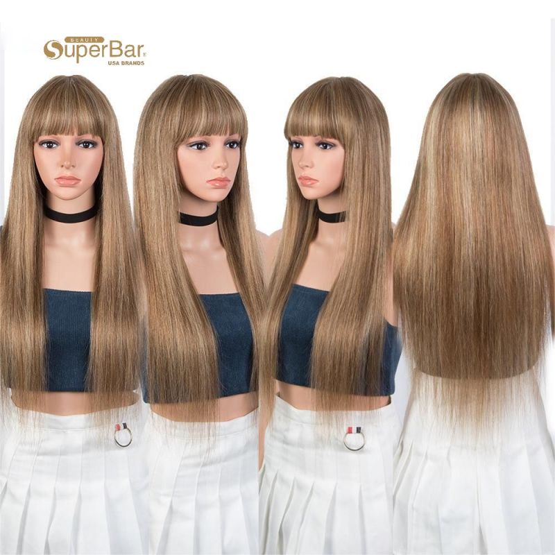 Superbar Ombre Brown Blonde Color StraightHuman Hair Wigs With Bangs For Women 150% Density