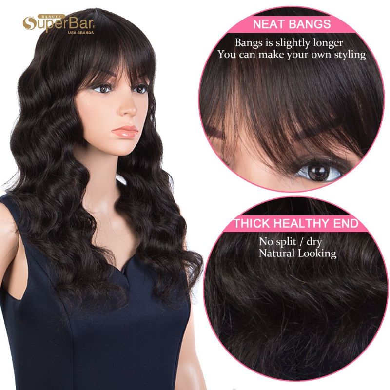 Superbar Body Wave Human Hair Wigs with Bangs 100% High-quality Human Hair Wig with Bangsfor Black Women 130% Density Natural Black color