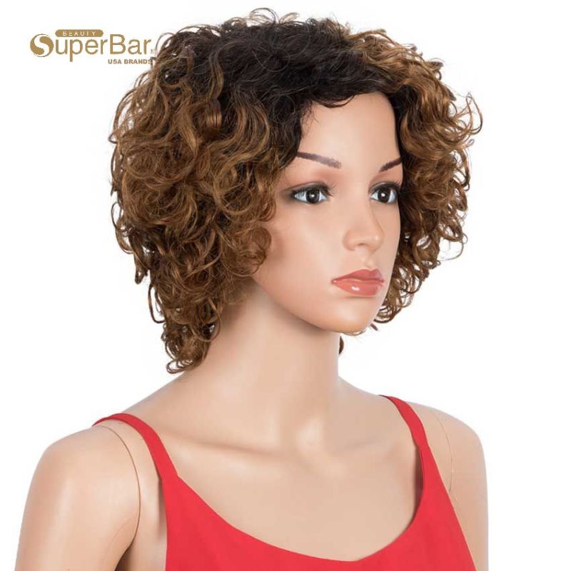 Superbar Short Bouncy Curly Wigs Human Hairfor Women Cute Human Hair Bob Wigs Ombre Burgunry blonde Wigs